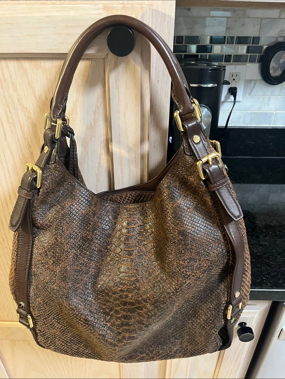 Michael Kors Brown Snakeskin-Texture Shoulder Hobo Bag